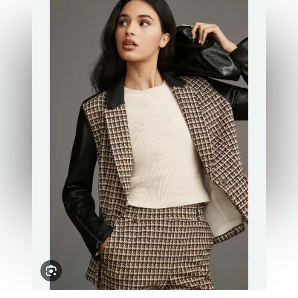 Anthropologie Tweed Blazer with Black Faux Leather Sleeves - Cream, Black, Brown